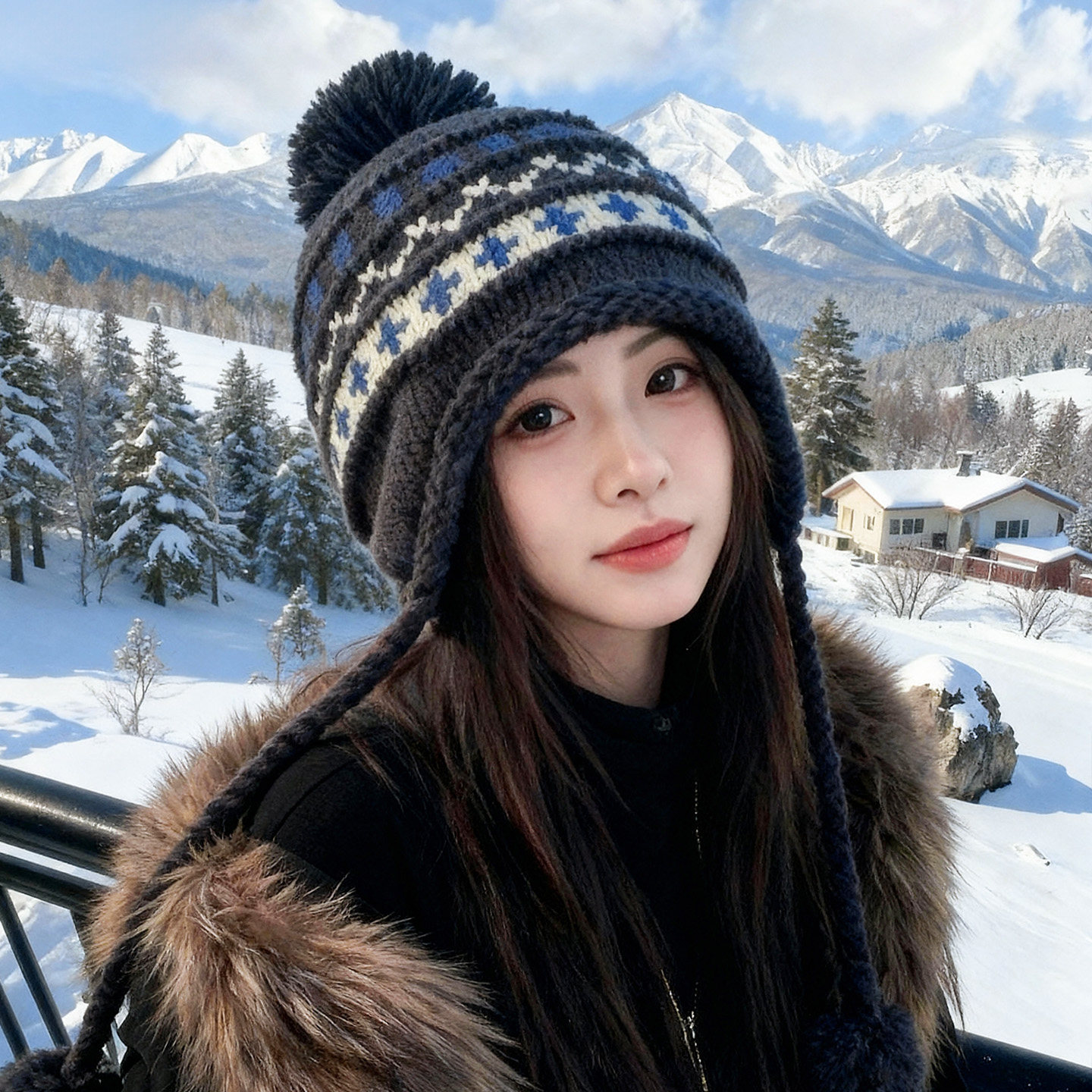 冬季氛围感费尔岛毛球帽子显脸小