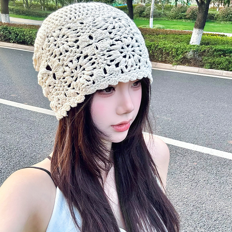 型公馆钩花包头帽子蕾丝女薄款镂空毛线帽夏季