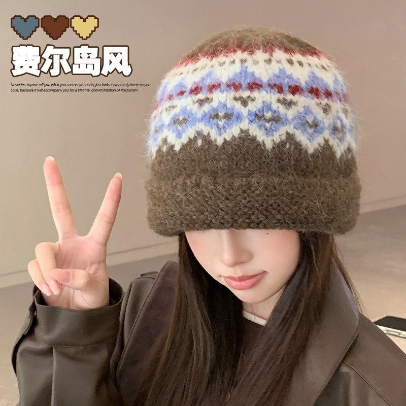 费岛风针织提花帽子女2025新款秋冬季保暖护耳包头毛线帽显1129e
