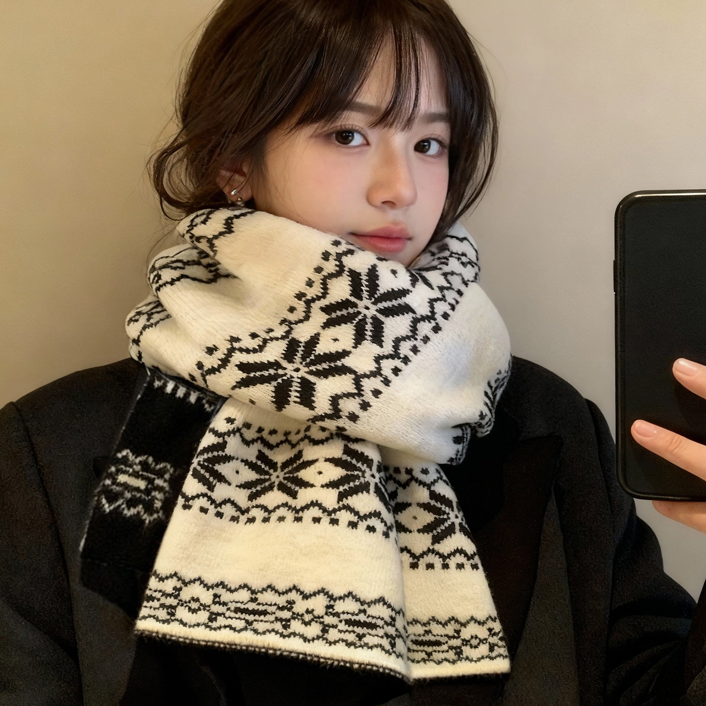 韩系女主节日氛围感雪花双面围巾