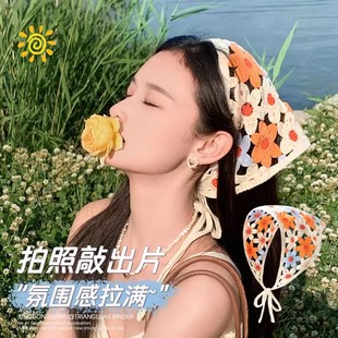 法式 复古针织多巴胺三角巾发饰出游甜美可爱碎花田园风头巾女头饰