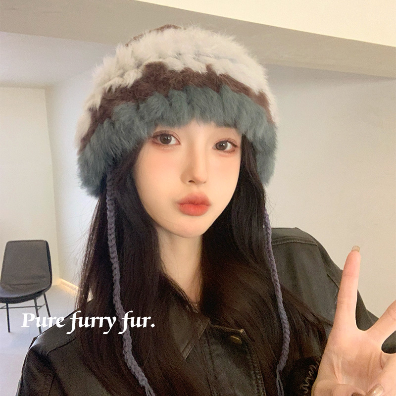 秋冬季兔毛毛绒保暖可爱盆帽