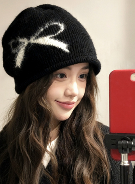 蝴蝶结黑色堆堆帽女秋冬保暖针织套头冷帽复古大头围显脸小包头帽