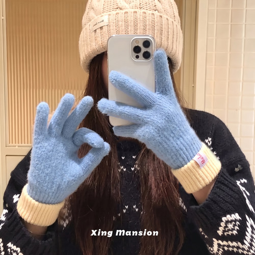 针织毛绒手套女冬季新款触碰加绒