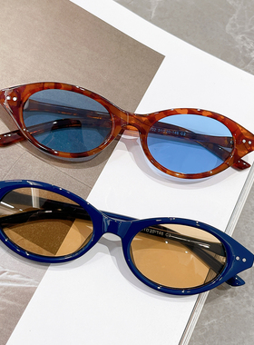 GM书呆子款式椭圆框遮阳太阳镜女时尚复古辣妹窄框街拍墨镜蓝色