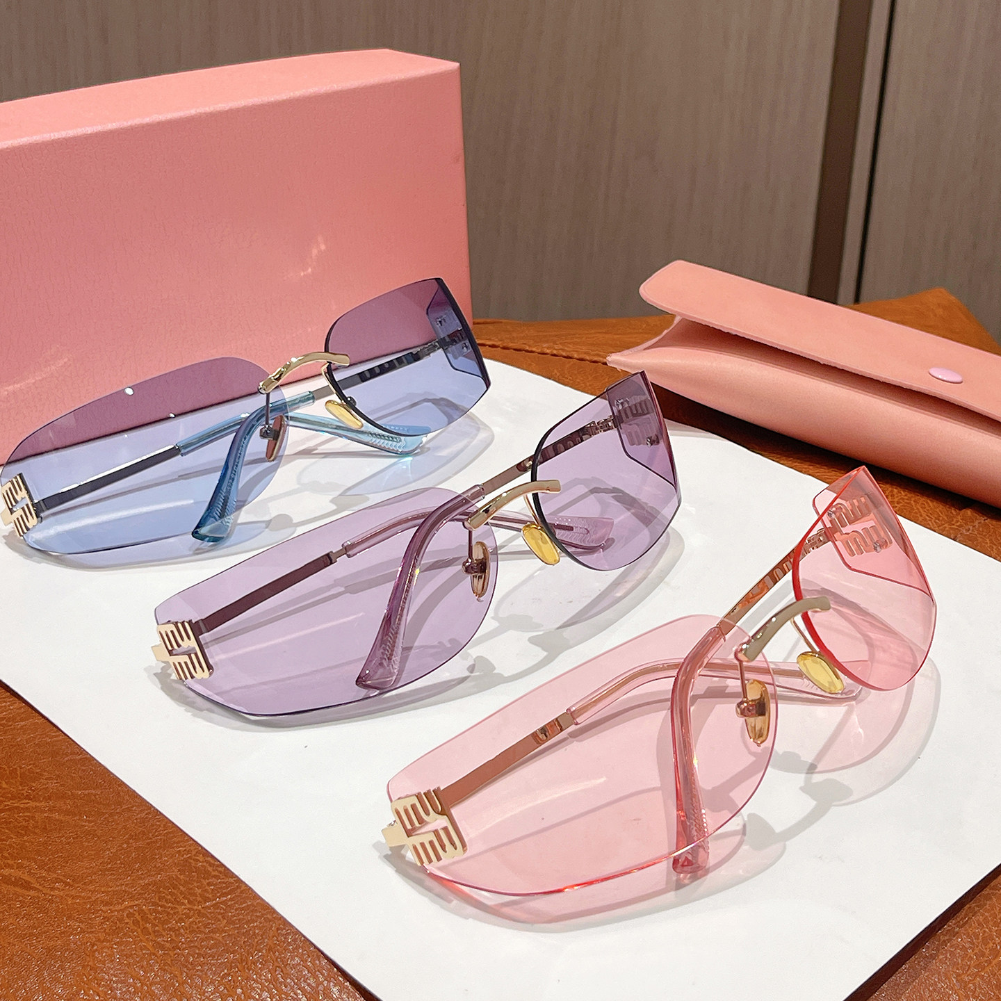 张元英同款窄版粉色无框曲面韩版墨镜女时尚甜妹彩色多巴胺太阳镜