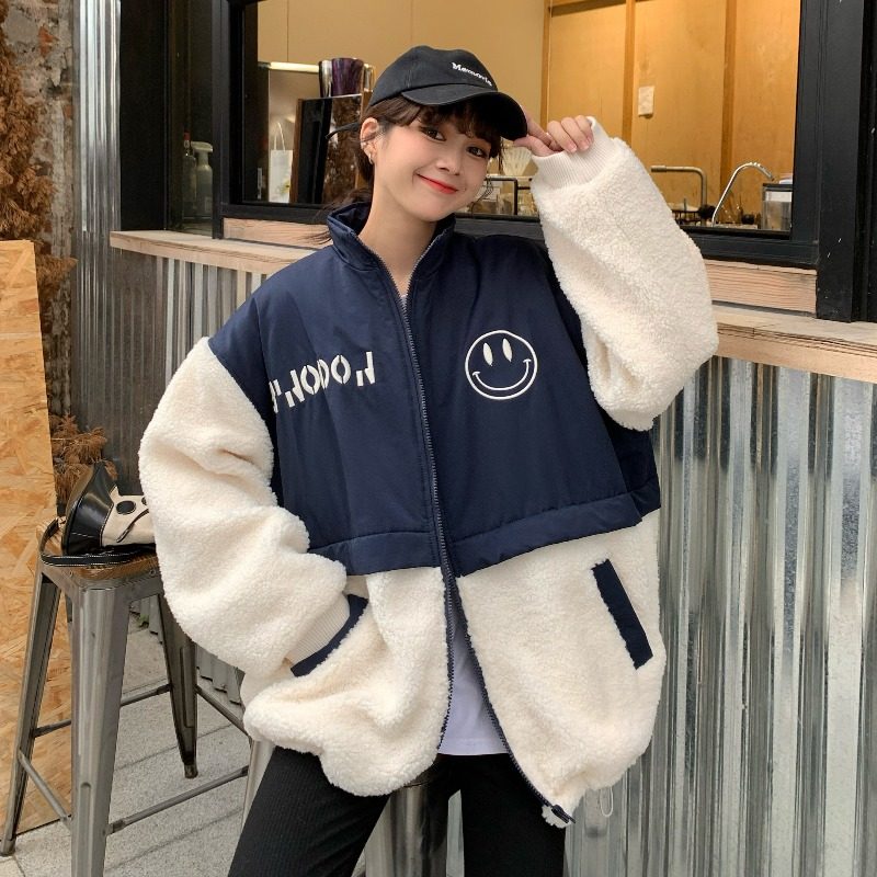 羊羔毛拼接棉服女2022年新款冬季ins潮港风原宿笑脸设计感短外套