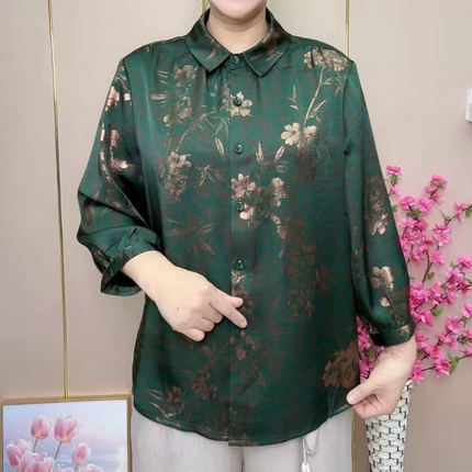 春夏超薄清凉丝滑冰感衬衫时尚妈妈烫金九分袖方领宽松遮肉上衣女