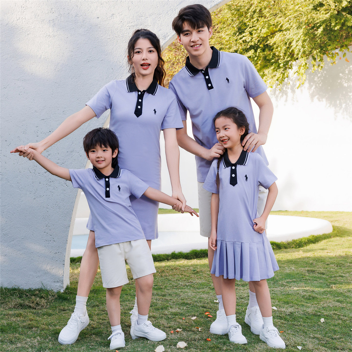 2026夏季一家家庭浅紫Polo衫亲子装夏款母女连衣裙一家四口拍照装
