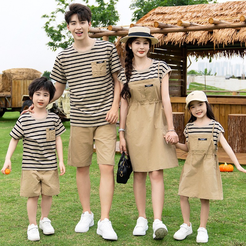 夏季2025不一样的亲子装一家三口四口母子母女装假连衣裙条纹夏装