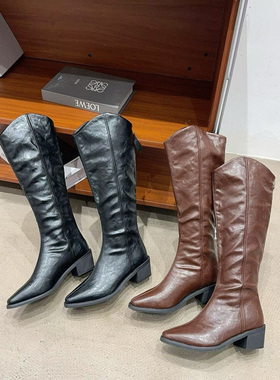 【林小雅专享】AAL28021新款手抓纹尖头粗跟瘦瘦骑士高靴