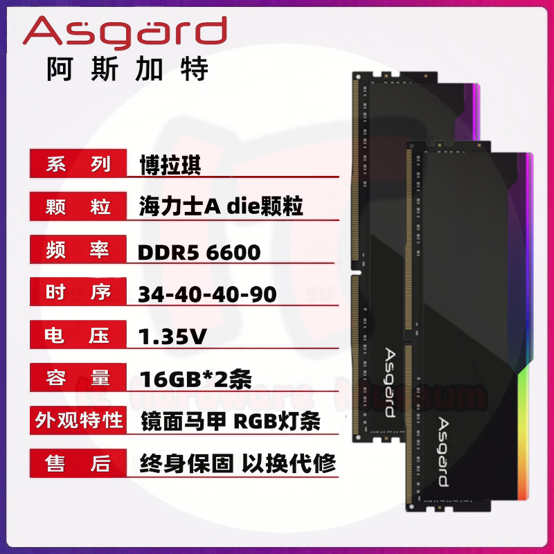 阿斯加特16GBx2条 6600 6800博拉琪DDR5 台式机内存条Adie颗粒RGB