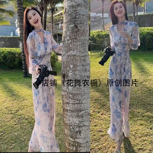 法式茶歇辣妹性感小心机镂空碎花阔腿裤女春夏季新款气质两件套装