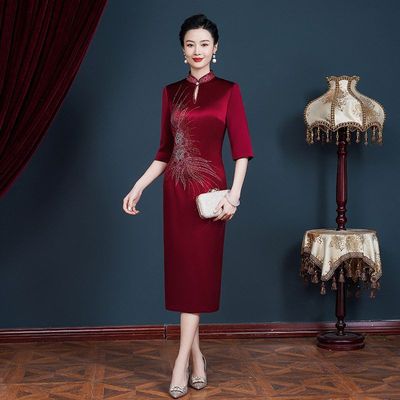 奕雯敬酒高端喜婆婆旗袍新款连衣裙中长款礼服镶钻妈妈春秋季婚宴