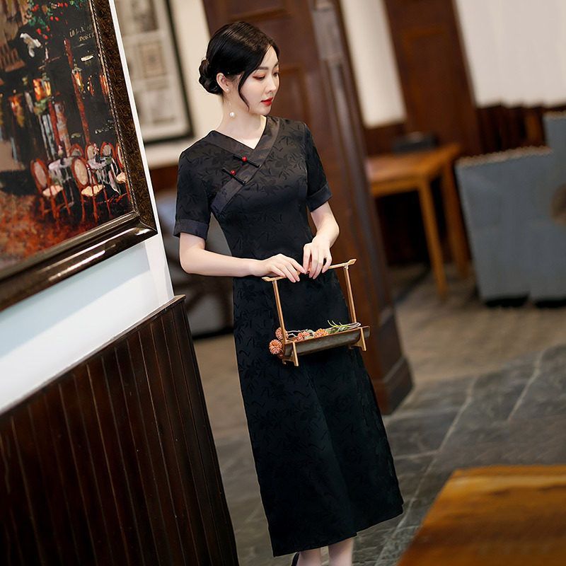 爱旗新中式夏季黑色女新款奥黛低领妈妈装复古显瘦改良旗袍2025连