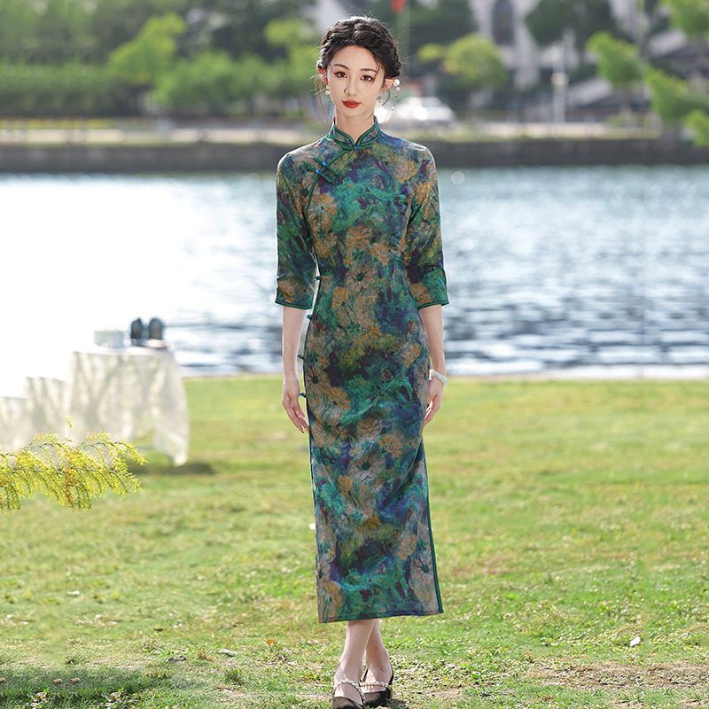 爱旗走秀八扣双层改良旗袍款女老上海年轻春秋装新款2024长款复古