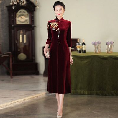 爱旗婚宴秋冬装装女喜婆婆妈妈改良旗袍长袖喜新中式显瘦国风复古