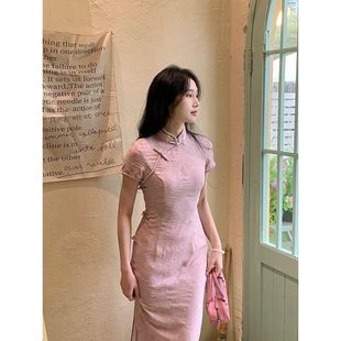 少女女文艺甜美年轻粉色 洛士提花改良复古旗袍小个子清新连衣裙款