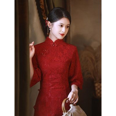 洛士改良订婚蕾丝长袖2023中式高级感新娘敬酒服回门酒红旗袍红色
