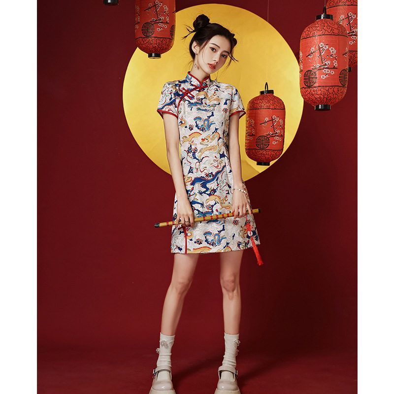 洛士少女国风夏季款2022旗袍小个子新款炸街连衣裙年国潮短款改良