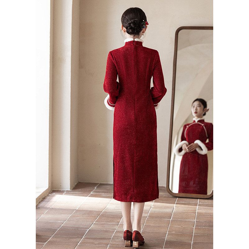 洛士旗袍礼服冬季订婚结婚加绒敬酒服倒大袖新娘改良新年红色加厚