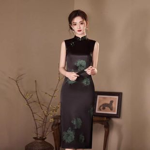 曼玉旗袍长款新款夏季日常连衣裙黑色修身绝美2025无袖可穿复古新