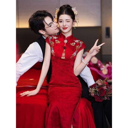 洛士2025新款新娘旗袍绝美敬酒服结婚礼服裙长款出阁宴红色订婚新