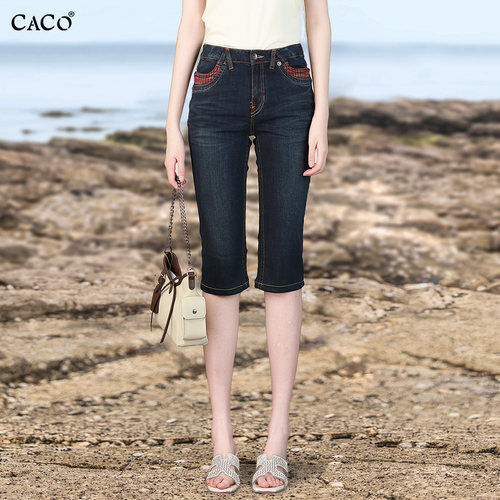 CACO直筒牛仔裤女六分裤修身显瘦