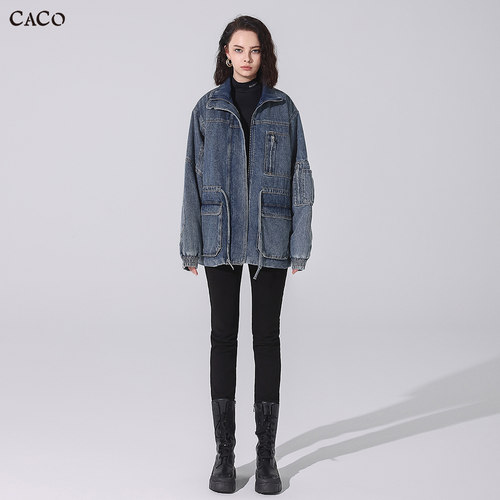 中长款机车工装宽松牛仔棉服外套