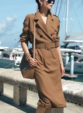 高档风衣连衣裙韩版修身长袖收腰西装中长款女外穿秋季新款2026