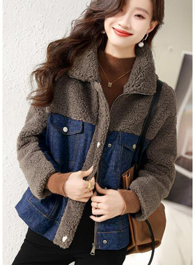 加绒加厚羊羔毛牛仔短外套宽松复古短款小个子拼接女款棉衣秋冬季