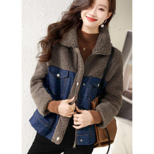 加绒加厚羊羔毛牛仔短外套宽松复古短款小个子拼接女款棉衣秋冬季