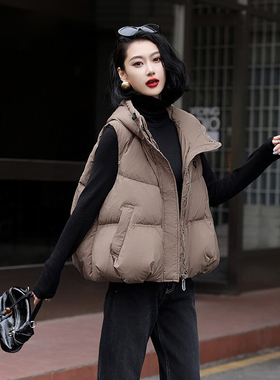 白鸭绒连帽羽绒马甲女短款外穿保暖加厚拉链背心外套加厚宽松秋冬