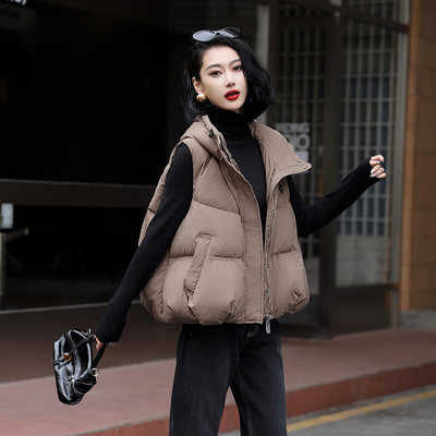 白鸭绒连帽加厚保暖羽绒马甲女