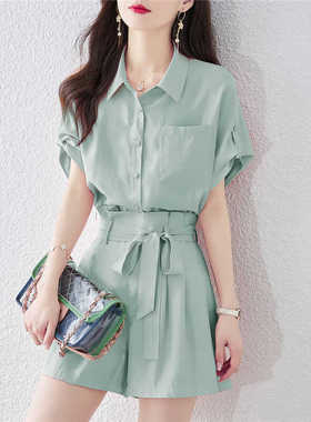 短袖衬衫阔腿短裤两件套装一整套宽松休闲减龄洋气工装时尚女夏季