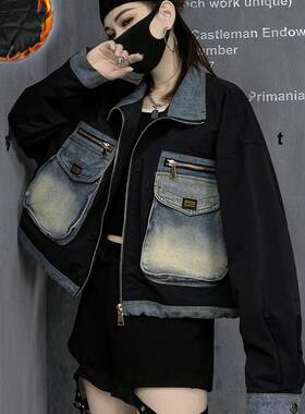 小个子潮牌时尚欧货短款外套女黑色高街棒球服设计感工装牛仔外衣