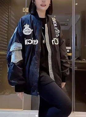 牛仔拼接棒球服宽松刺绣
