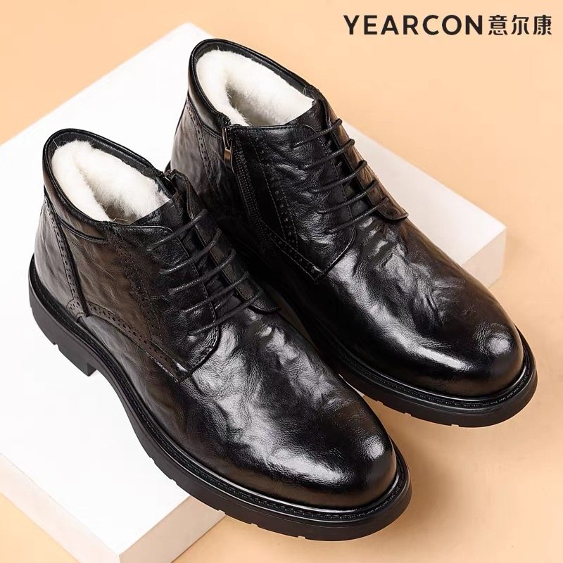 意尔康男士皮鞋2025冬季新款全牛皮精品高端加绒保暖软底高帮棉鞋