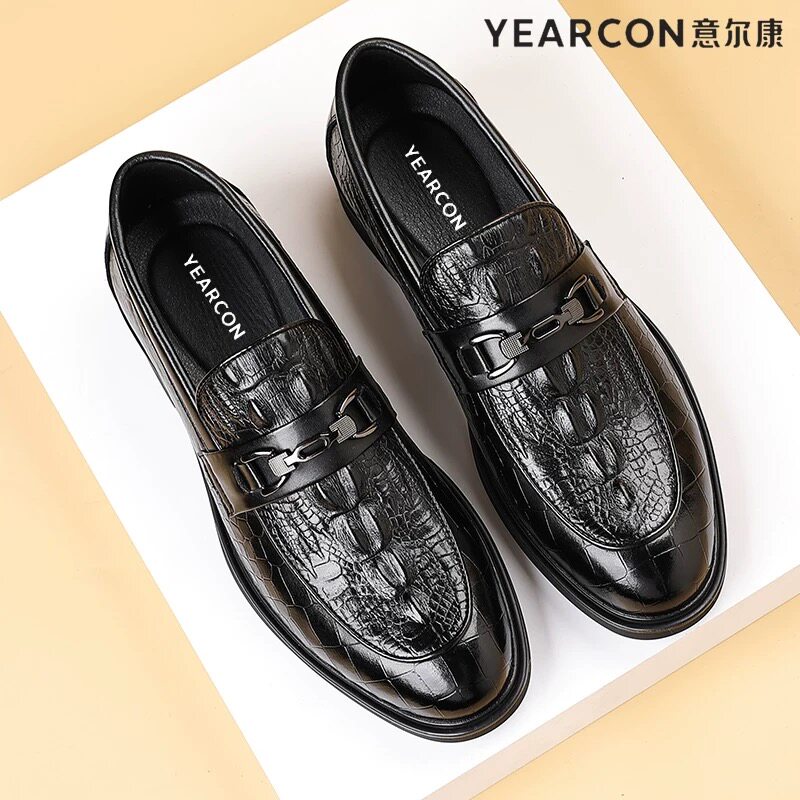 意尔康乐福鞋男2026春季新款男士透气鳄鱼纹豆豆鞋一脚蹬懒人鞋子