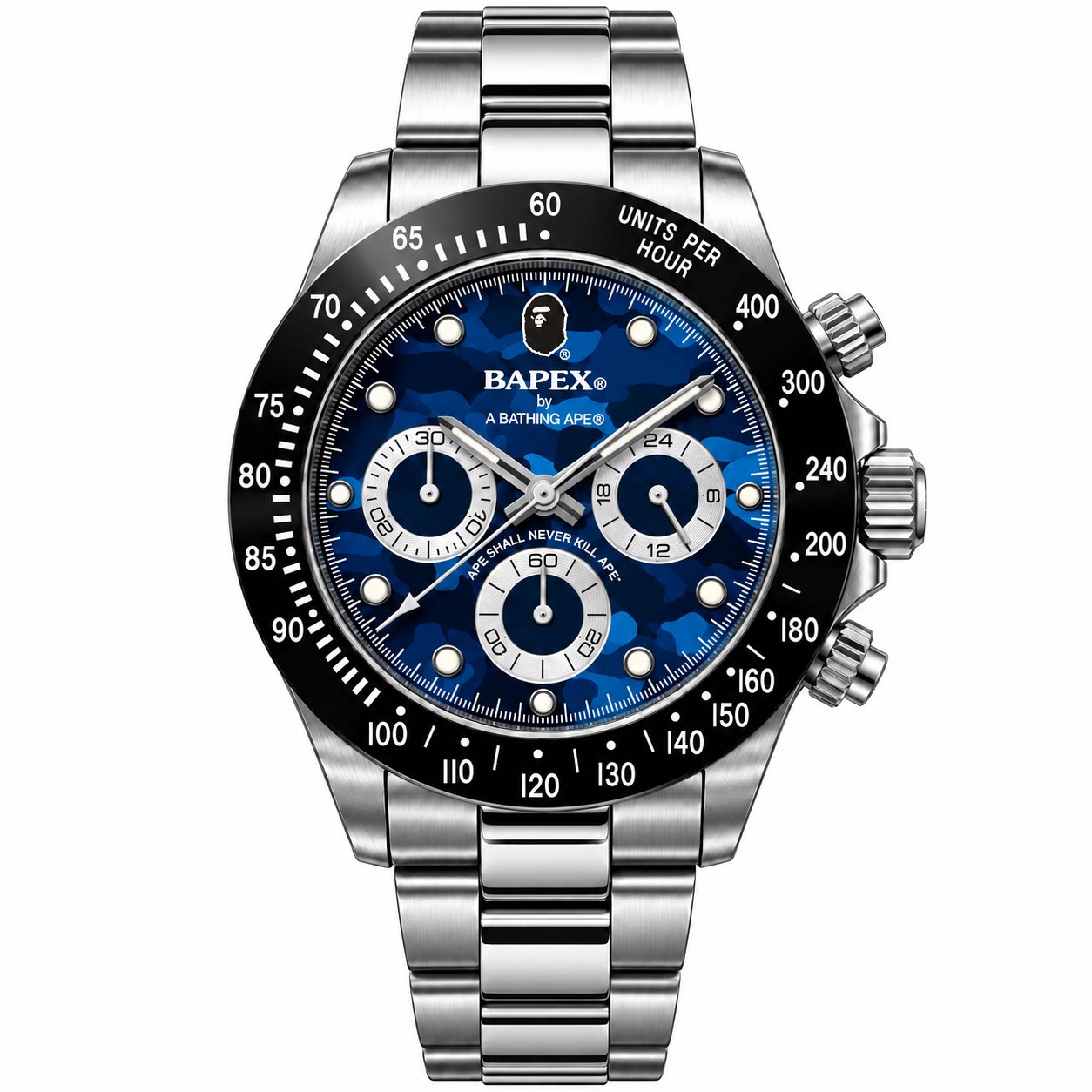 BAPEX TYPE3迪通拿蓝迷彩猿力仕精钢腕表潮牌运动轻奢男士穿搭