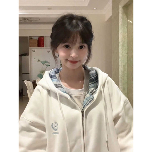 美式高街格子连帽卫衣女秋冬