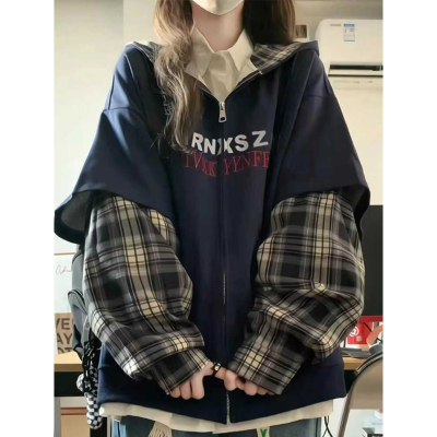 美式复古假两件格子连帽卫衣女春