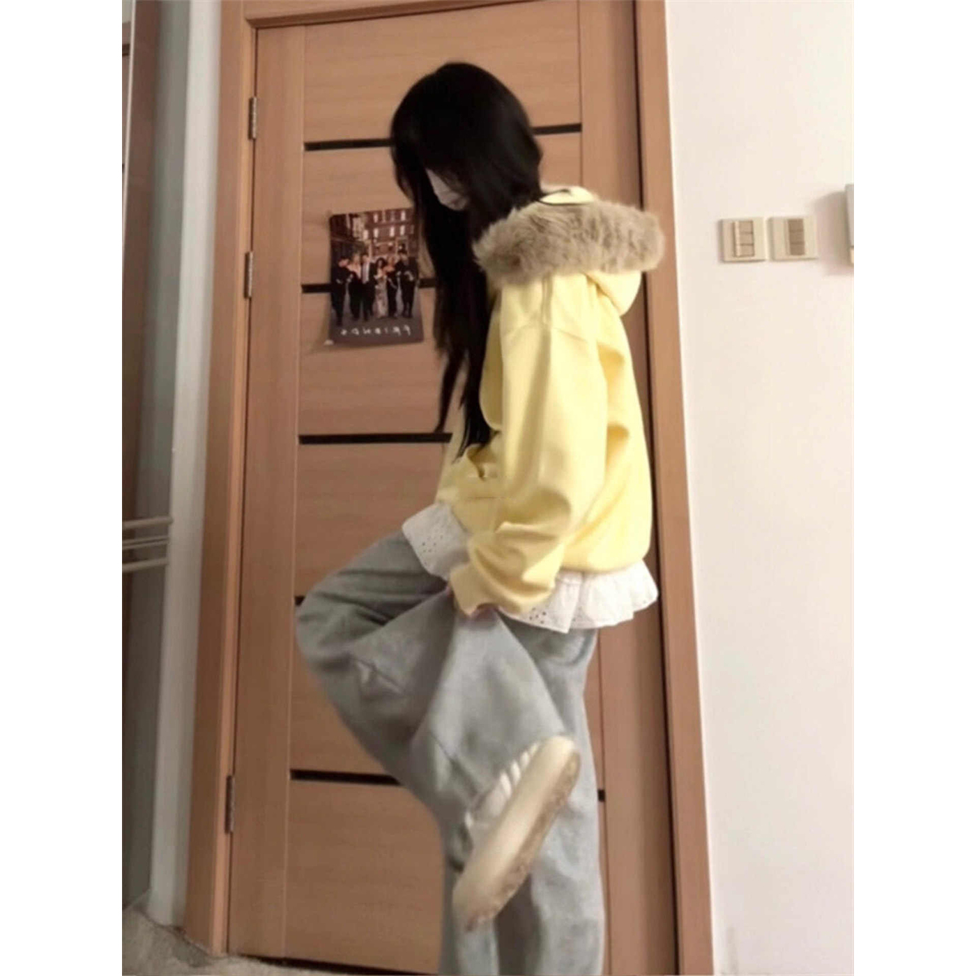 韩系黄色卡通小熊毛领长袖卫衣女春秋季宽松大童初中高中学生上衣