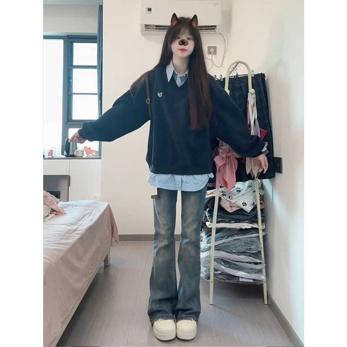 美式复古刺绣学院风假两件polo领卫衣女春秋大童初中高中学生上衣
