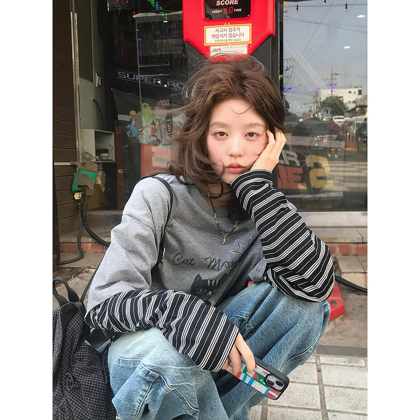 美式复古猫咪灰色短袖条纹长袖女春秋季宽松大童初中高中学生上衣