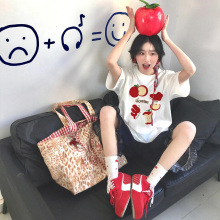 红色苹果正肩纯棉白色短袖t恤女宽松夏季大童初中高中学生上衣服