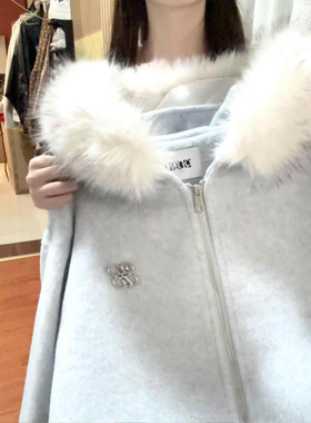 连帽毛呢子大衣女春秋冬季加厚保暖大童初中高中学生蓝色卫衣外套