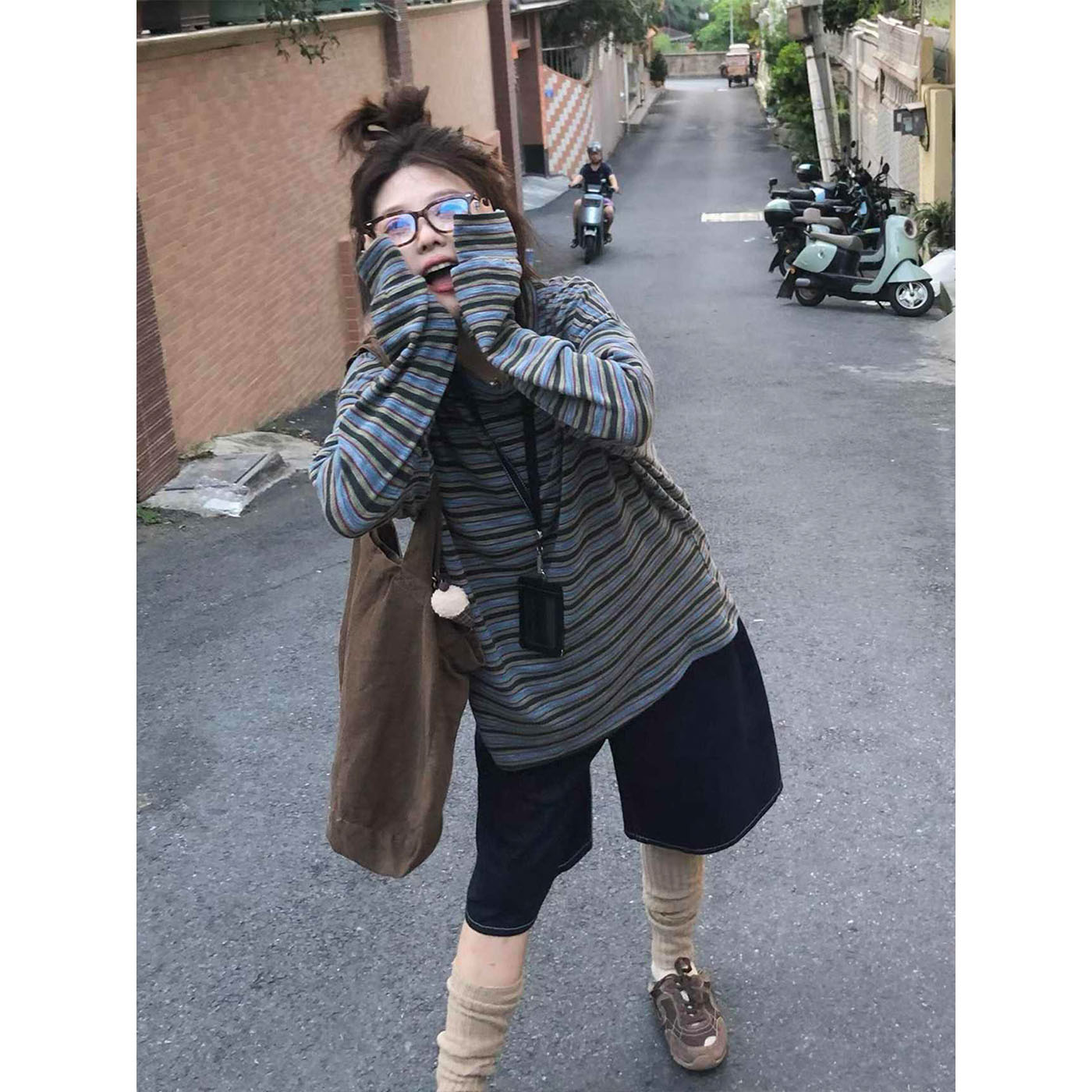 韩系复古条纹拼接长袖T恤女春秋