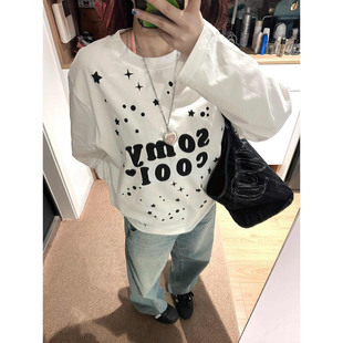白色慵懒宽松大童初中高中学生上衣 T恤女春秋季 美式 复古星星长袖