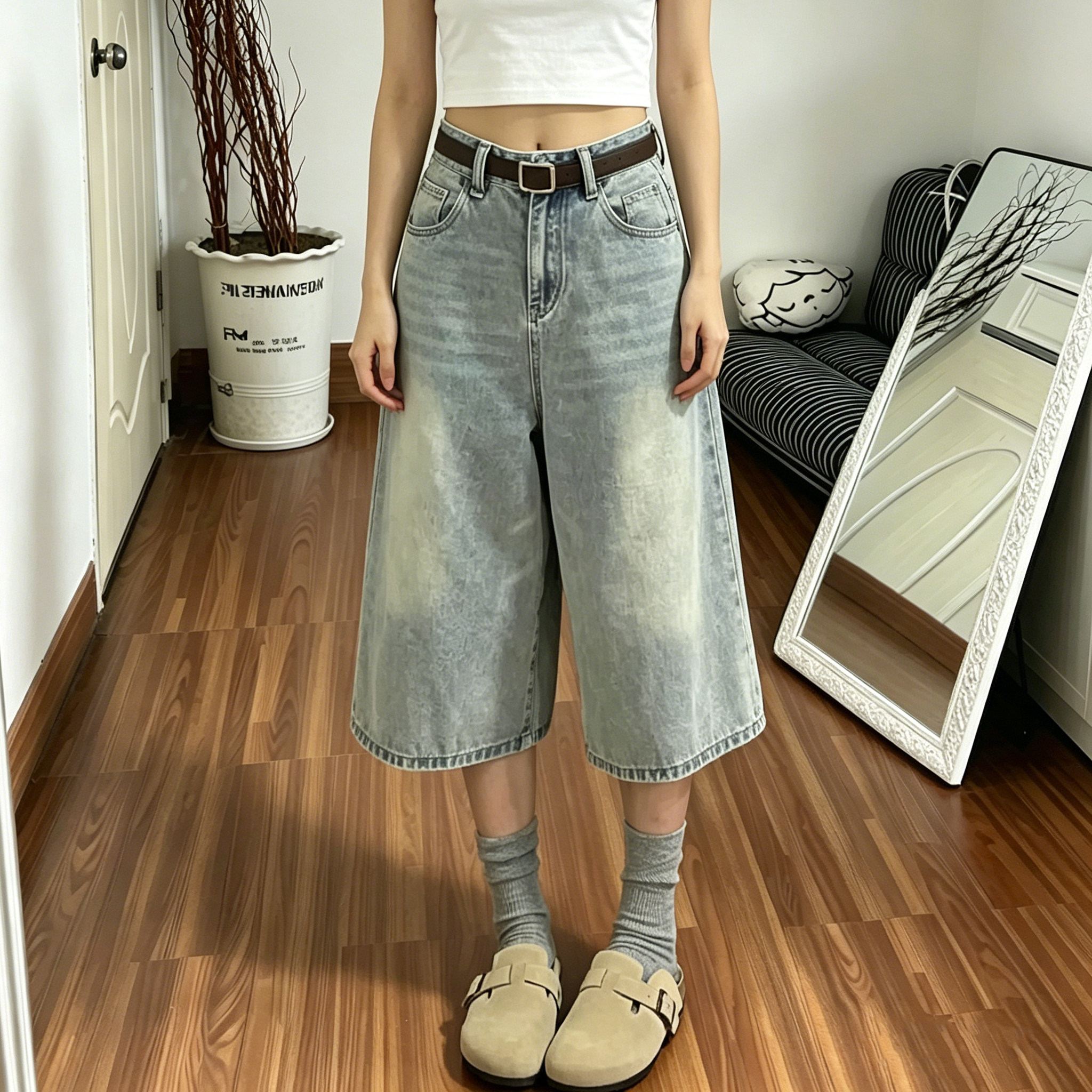 复古浅色直筒牛仔七分裤女高腰夏季新款大码胖mm宽松显瘦阔腿裤子